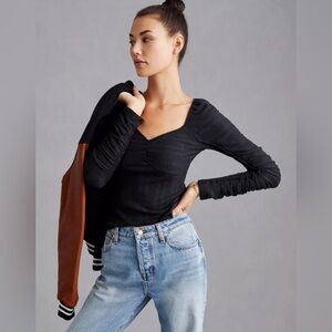 Ribbed Ruched-Sleeve Top by Pilcro for Anthropologie Size 1X Black
